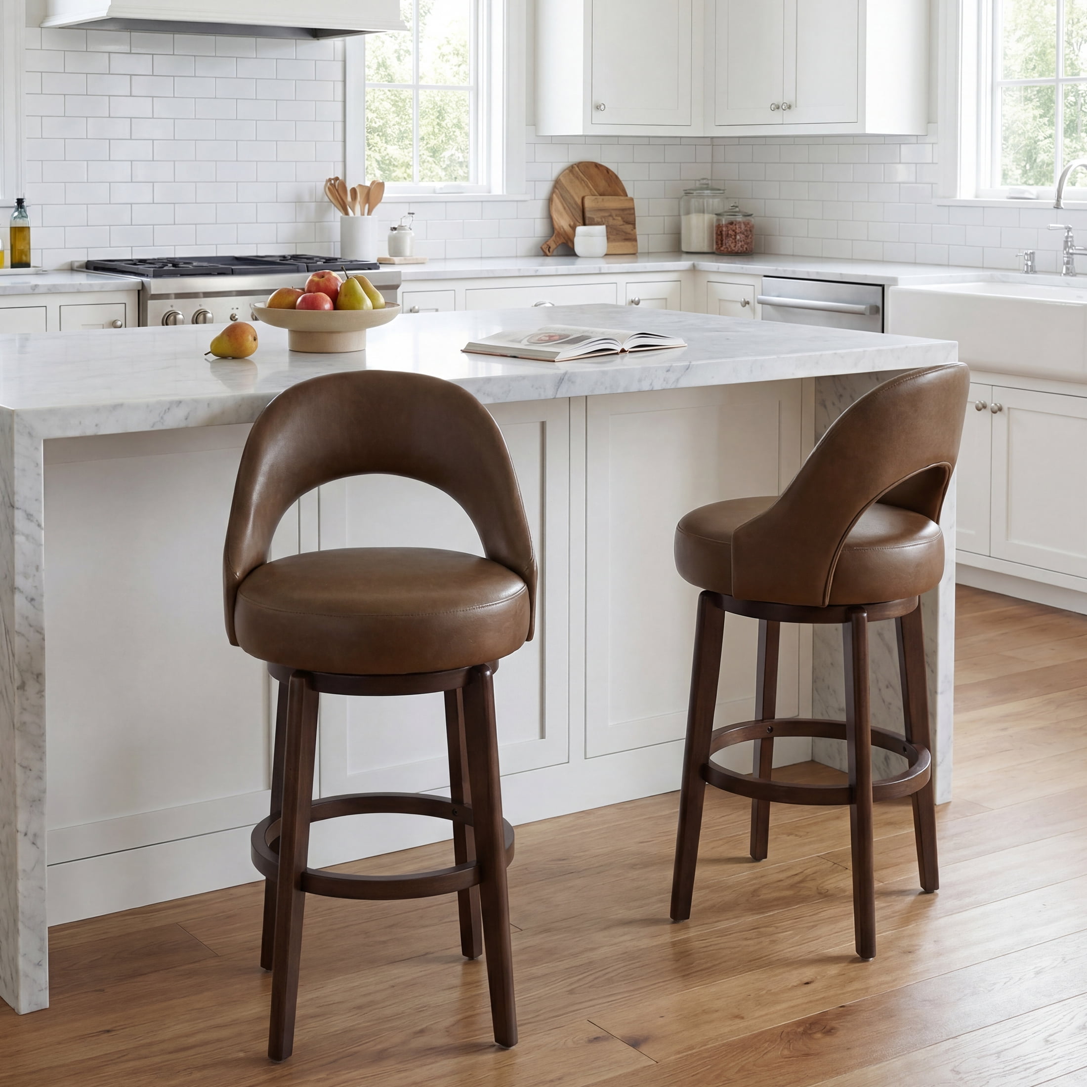 Guyou 30" Swivel Bar Stools Set of 6, Faux Leather Upholstered Barstools with Curved Back and Round Footrest, Modern Wooden Tall Kitchen Bar Chairs for Home Bar Pub Cafe, Brown