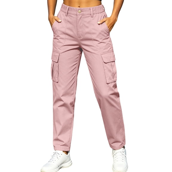 TEAJOPSUU Women's Outdoor Cargo Trousers Multi Pocket Button Front Relaxed Fit Casual Utility Pants for Everyday Outdoor Hiking Travel Pink