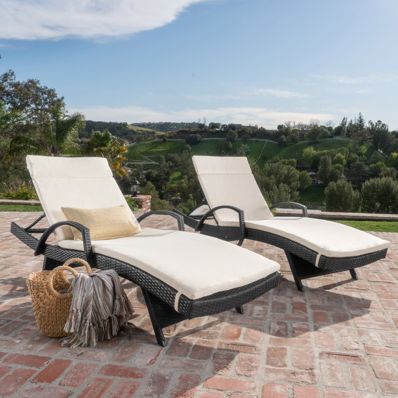 Salem Outdoor Wicker Arm Chaise Lounge with Cushion Set of 2