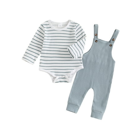 

Bagilaanoe 2Pcs Baby Boys Girl Overalls Set Stripes Long Sleeve Romper Tops + Suspender Pants 3M 6M 12M 18M Infant Fall Clothes
