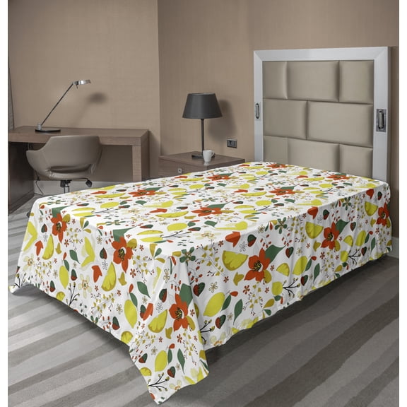 Ambesonne Floral Flat Sheet, Spring Lemons Leaves, TwinXL Size, Red Yellow Forest Green