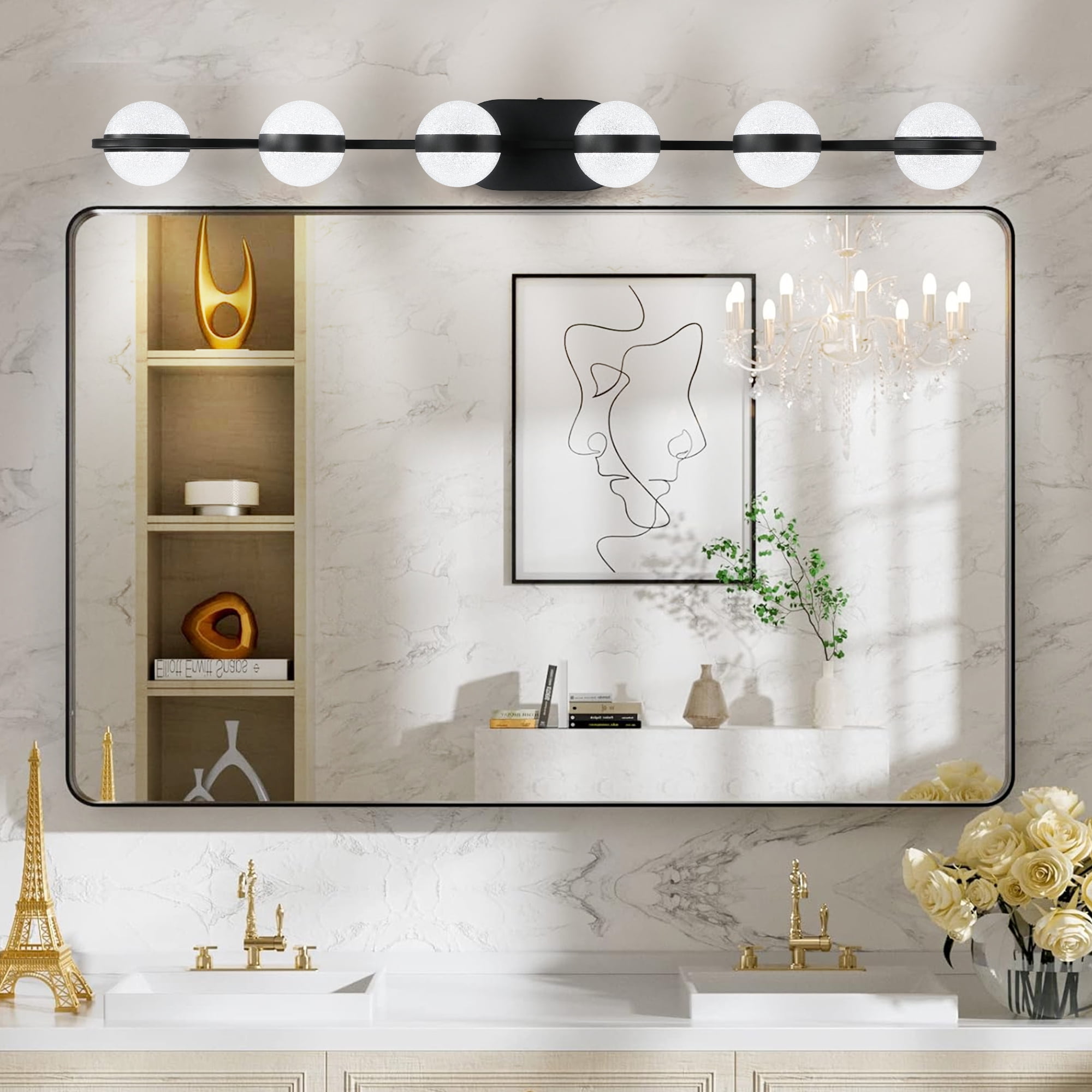 YANSUN 43.3 in Black Minimalist LED 6-Light Bathroom Vanity Light with Crystal Sand Acrylic Shades for Bathroom Mirror, Hallway, Bedroom