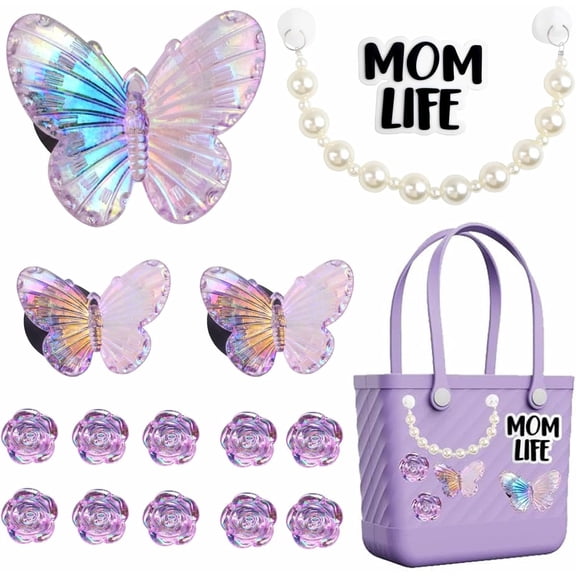 14pcs Purple Roses Charms for Women Bogg Bags, Mix Butterfly Rose Flower Pearl Chain Decor Bogg Bag Charm Accessories Compatible with Simply Southern Beach Totes Handbags