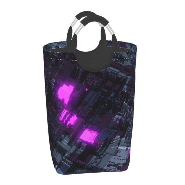 Waterproof Collapsible Laundry Hamper, Purple Sci-Fi Future Aluminum Handle Laundry Bag Storage Basket, 50L