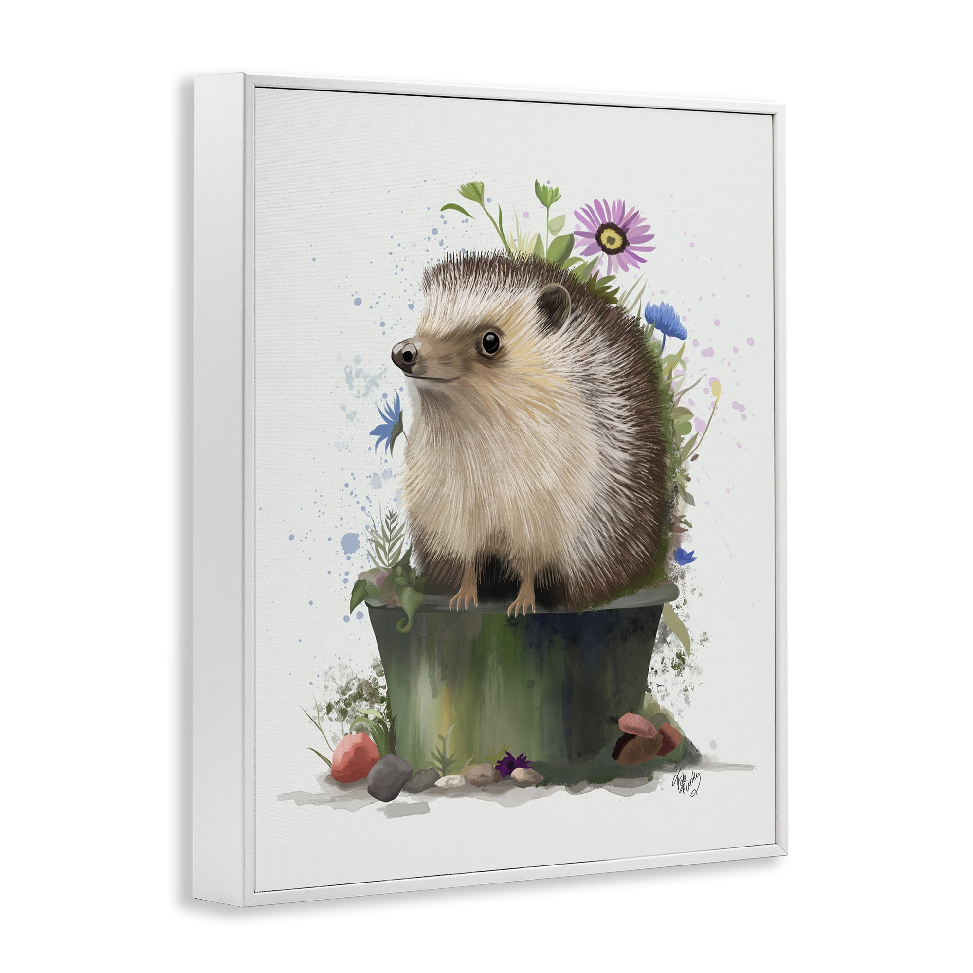 Stupell Industries Hedgehog in Gardening Pot Animals & Insects Painting White Framed Art Print Wall Art, 24 x 30