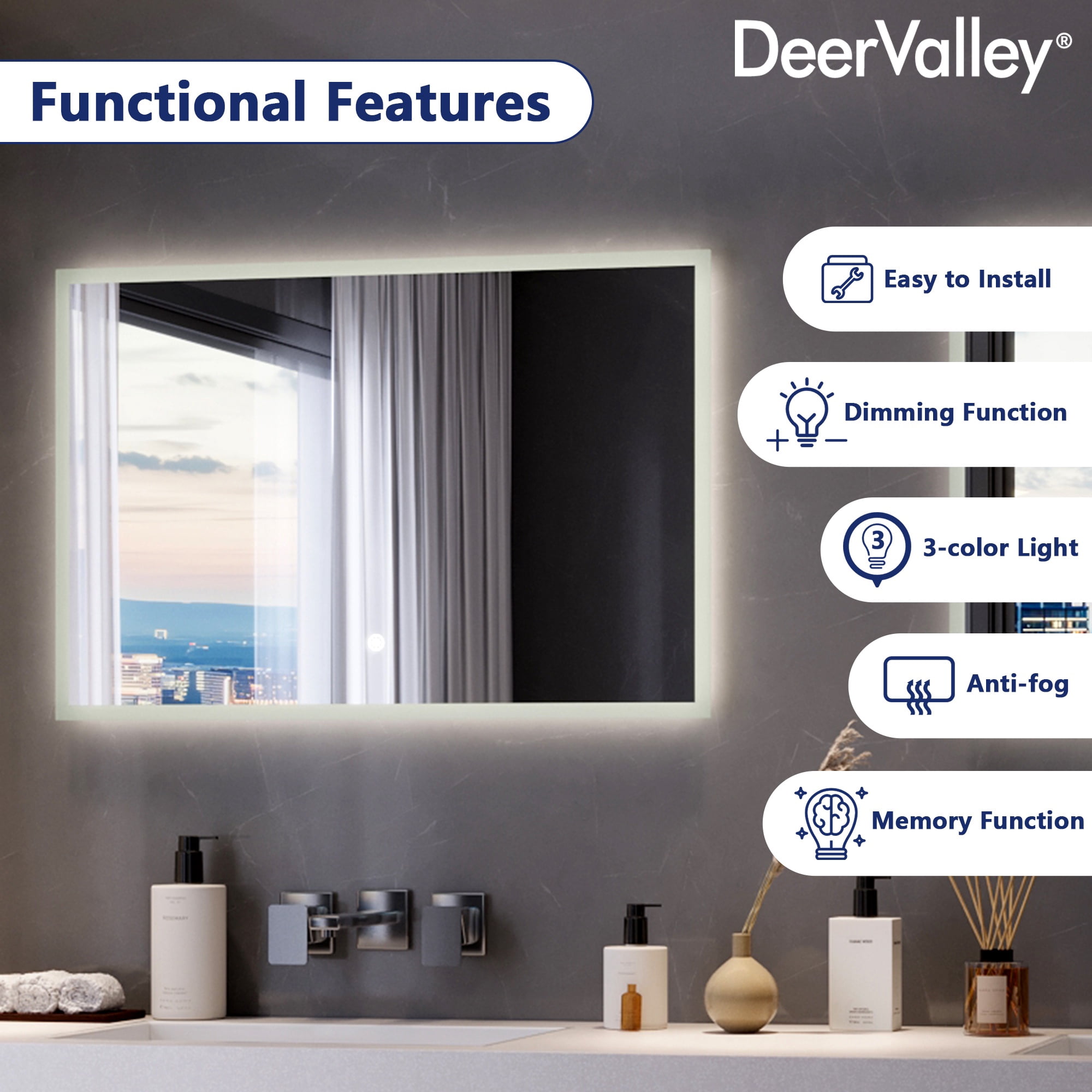 DeerValley 24" x 36" LED Bathroom Mirror ,3 Colors Temperature & Dimmable Light Anti-fog Memory Function Bathroom Vanity Mirror