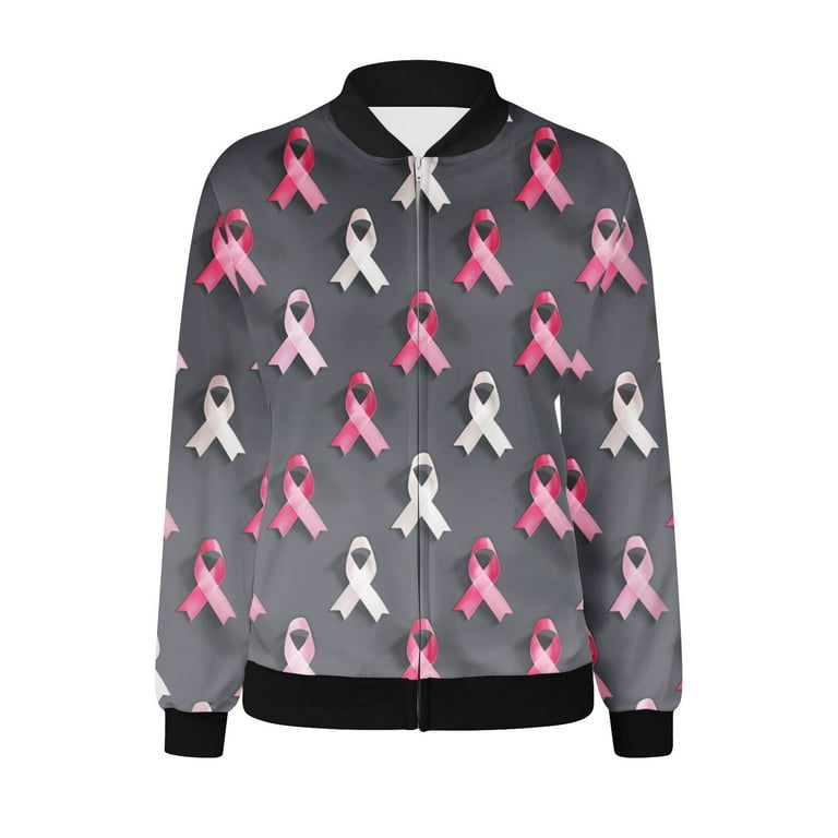 Luxalzxs Womens Breast Cancer Jacket Pink Ribbon Print Long