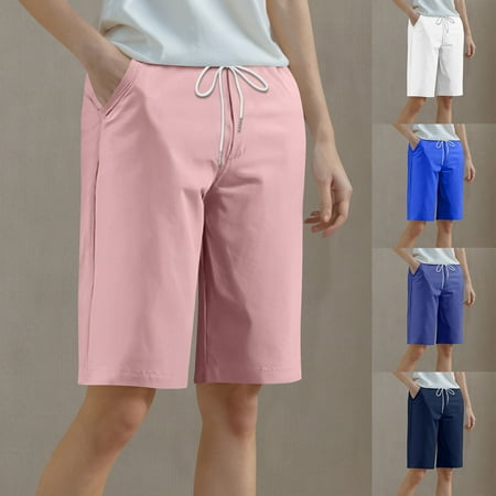 Brnmxoke Women s Bermuda Shorts High Waisted Drawstring Plus Size Sweat Yoga Shorts Summer Casual Knee Length Workout Shorts for Teen Girls White XXXXL
