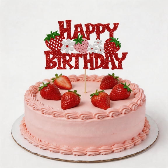 1 PCS Red Glitter Berry Cake Topper Strawberry Happy Birthday Cake Topper for Strawberry Theme Birthday Party Cake Decorations