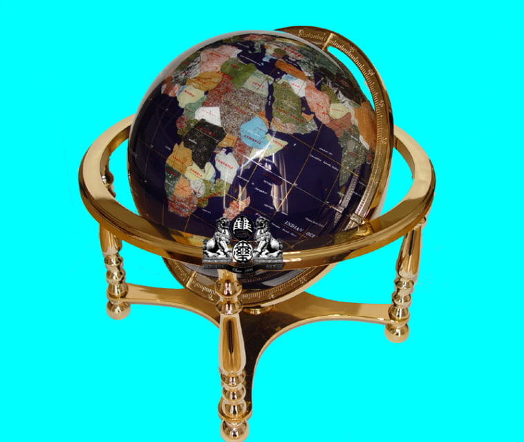 Unique Art 13" Tall Pearl Powder Ocean Table Top Gemstone World Globe gold stand 