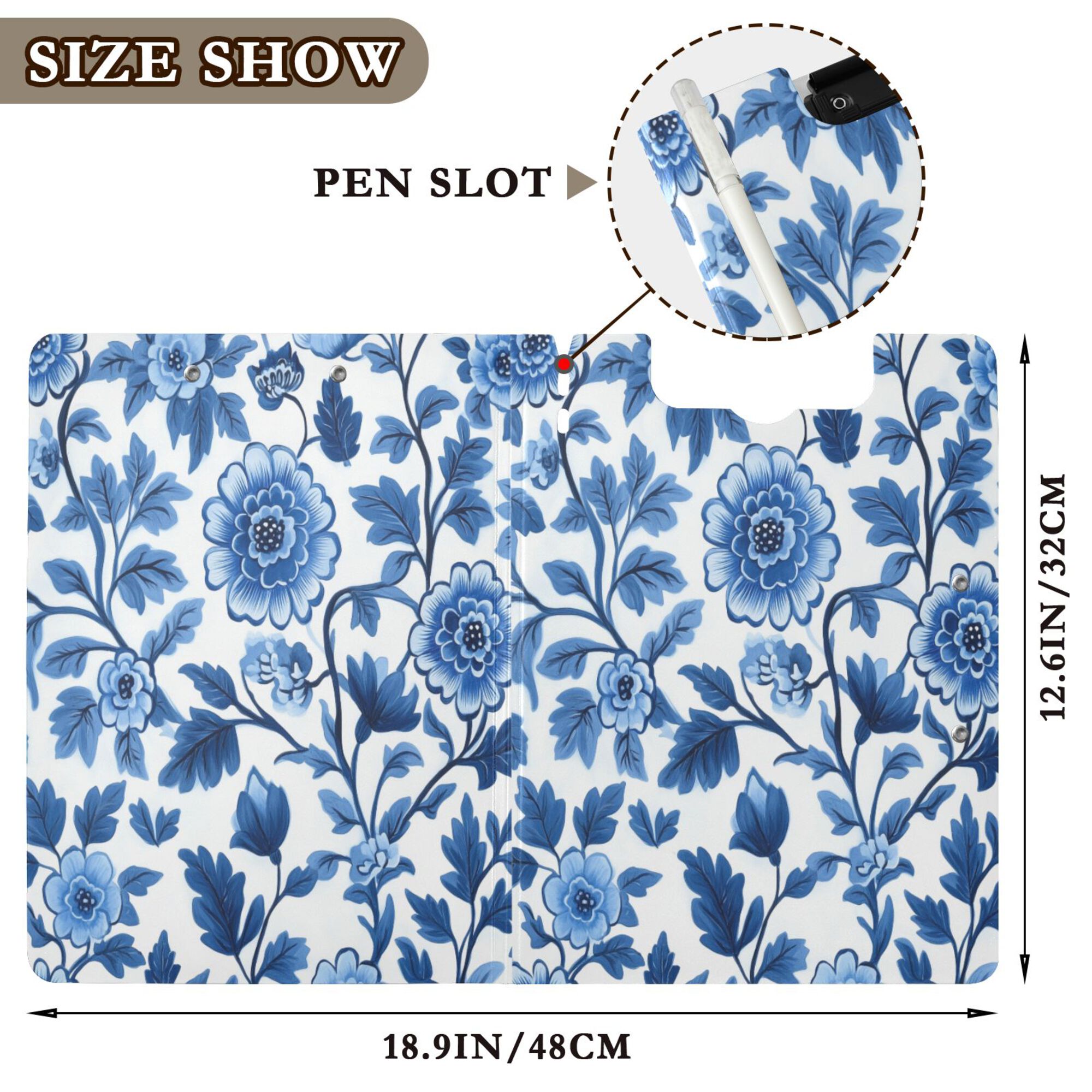 FORMRS A4 Clipboard Folder with Pen Holder Horizontal Foldable School Office Binder, Blue Floral Pattern