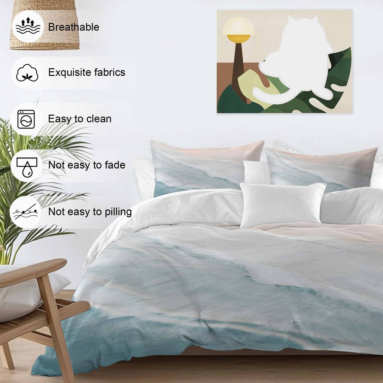 Beach Blue Queen Duvet Cover Set, Beige Gradient Ocean Wave Seaside Scenery 4 Piece Microfiber Bedding Set with Zipper Closure, Bed Sheet and 2 Pillow Shams, Soft Bedding Cover