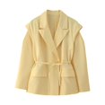 thumbnail image 3 of Chaqueta de Traje de Mujer de Larga con Solapa, Estilo -Otoño, con Cinturón en la Cintura y Hombreras. Amarillo M, 3 of 9