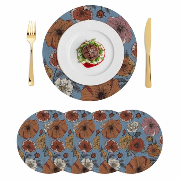 Blue Vintage Peony Round 15 Inch Placemats Set of 4, Summer Botanical Retro Art HeatResistant Non Slip Place Mats for Dining Table, Wipeable Braided Kitchen Table Mats for Housewarming