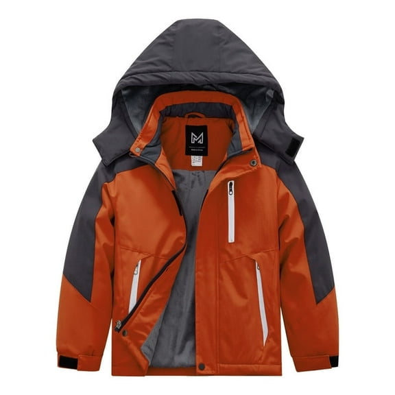 KVE Boys' Waterproof Ski Jacket Outdoor Recreation Thick Winter Coat Hooded Raincoats Orange and Dark Grey 6-7