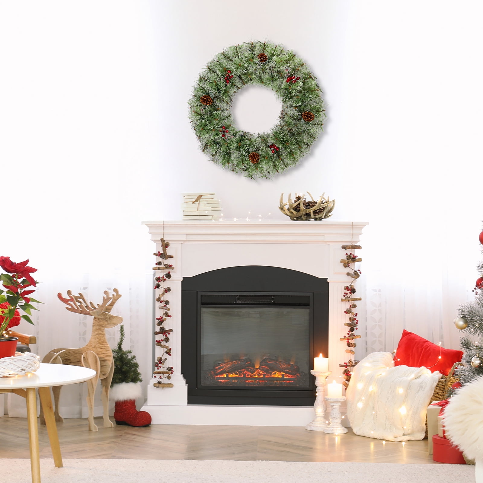 2 Pack 24in Pre-lit Christmas Wreath, Lighted Artificial Xmas Wreath with 100 Warm Lights and 150 Tips and Red Berries Pine Cones, for Front Door Gate Wall Xmas Party Decorations