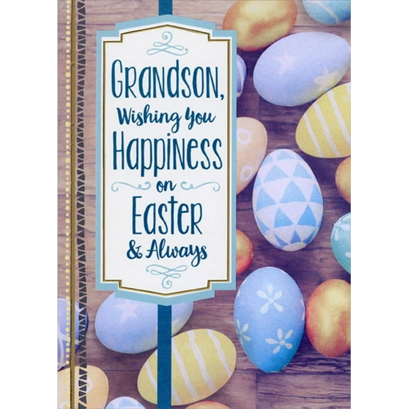 Designer Greetings Decorated Eggs on Wooden Table Top : Wishing You Happiness Grandson Easter Card