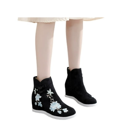 

SIMANLAN Ladies Comfort Side Zipper Ankle Boots Slip Resistant Embroidered High Top Shoes Casual Non-Slip Floral Cotton Lined Floral Black 8