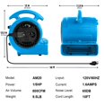 thumbnail image 3 of MOUNTO Mover de aire de 1/5 hp - Ventilador de 800 cfm para alfombras, secado y enfriamiento de pisos - Mover de aire compacto de 3 velocidades con salida doble, cable de alimentación de 10 pies, 3 of 5
