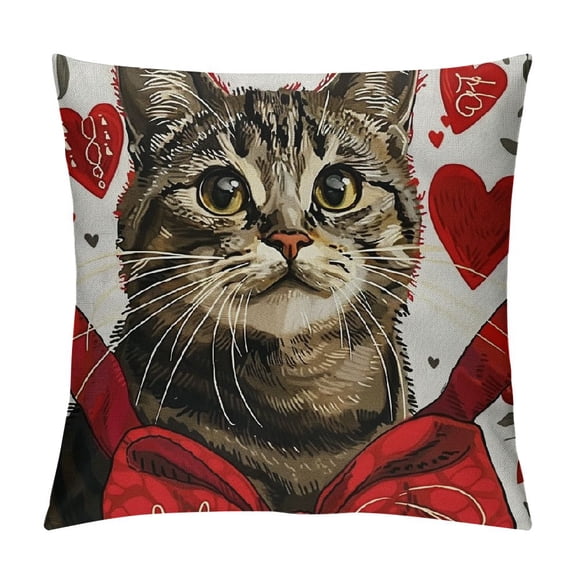 PHYHOO Valentines Day Pillow Cover Cat Hearts Decor Holiday Farmhouse Pillow Case Gifts Decoration for Home Sofa Couch (Red)