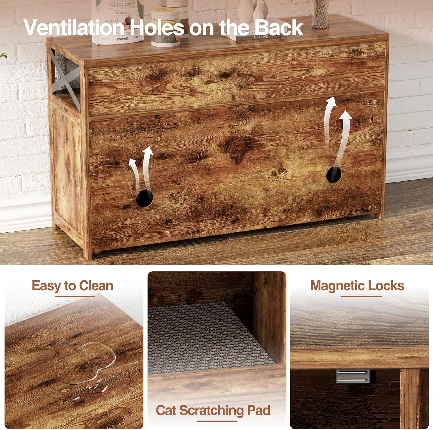 VEANERWOOD 47" Large Wood Cat Litter Box Enclosure, Hidden Cat House Washroom Furniture with Scratch Pad and Storage Shelf
