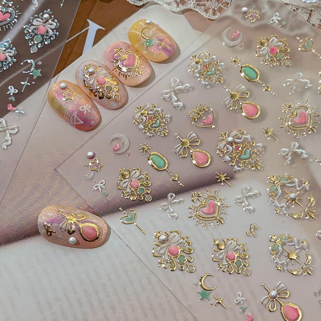 Pegatinas para uñas Rhspayh con relieve 5D y diseño de gemas rosas