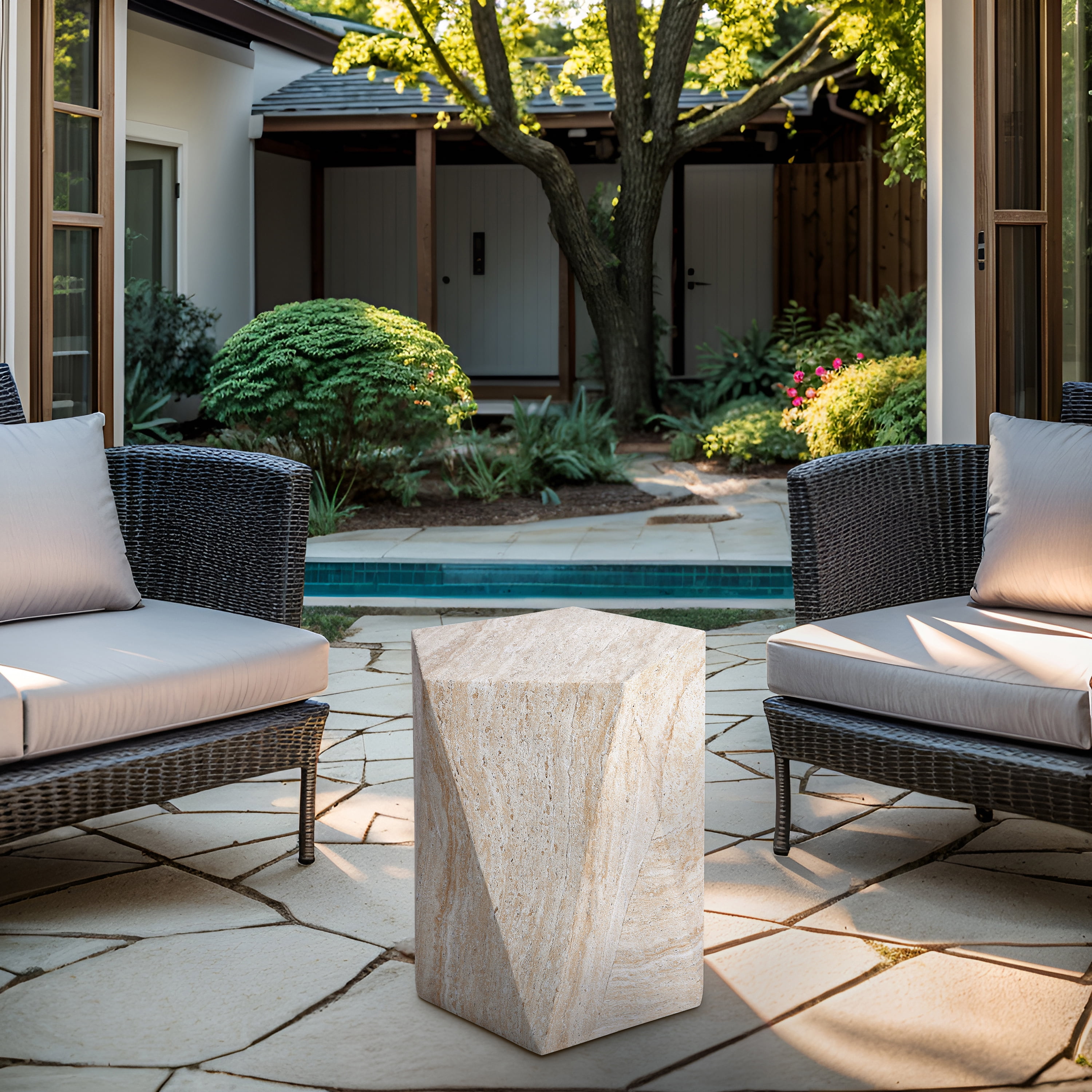 Pentagon Travertine Stone Finish Italian Design MgO Side Accent Table
