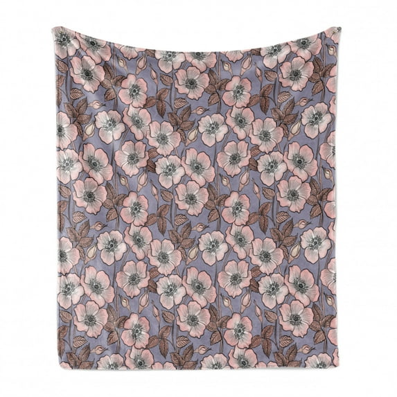 Vintage Soft Flannel Fleece Throw Blanket, Graceful Nature Theme Bedding Plant Poppies Buds with Look French Garden, Cozy Plush for Indoor and Outdoor Use, 60" x 80", Mauve Blush, by Ambesonne