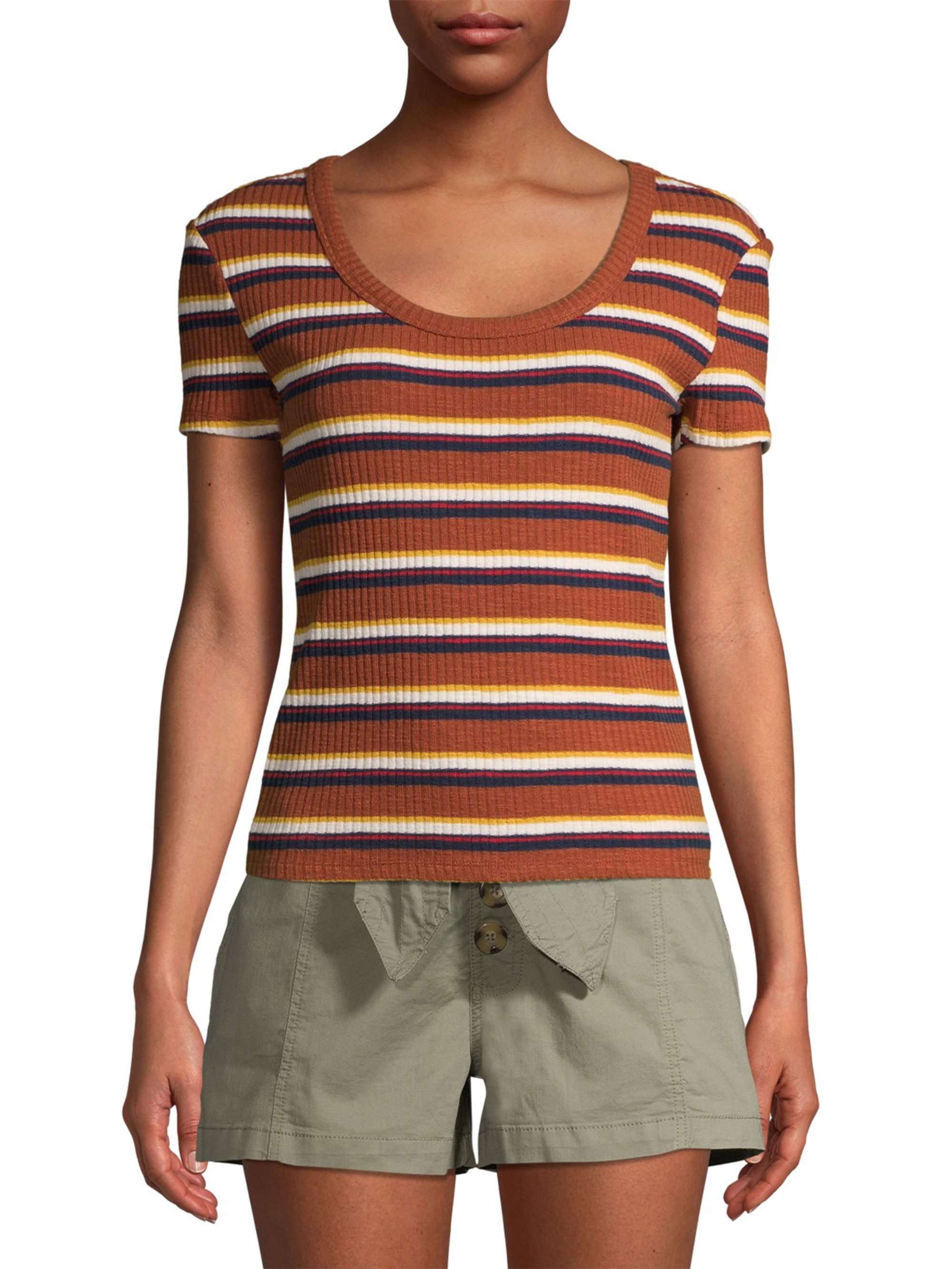 No Boundaries Juniors Ribbed Short Sleeve Striped Scoop Neck Top
