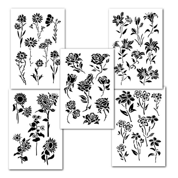 Flower Stencils 5 Pack for Wall Decore Painting Crafts Art Model Tattoo Auto