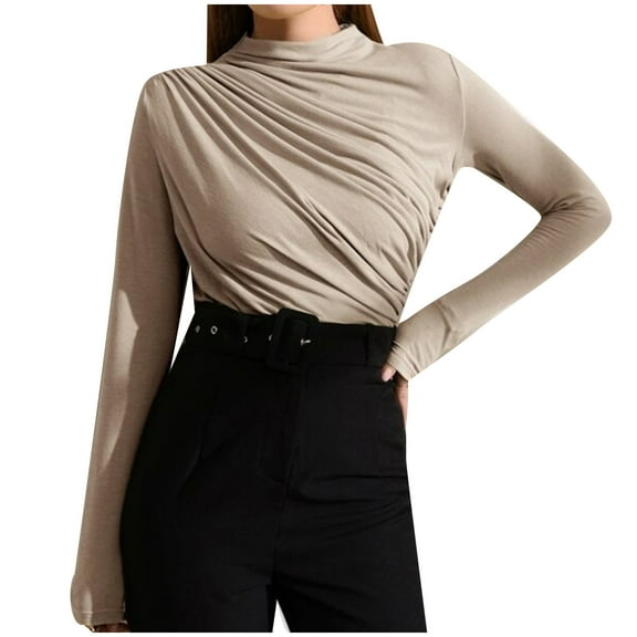 Women's T-Shirts Stand Collar Ruched Long Sleeve Tee for Casual Wear Stylish Fashion Edition for Any Occasion Performance Top Comfortable and Design