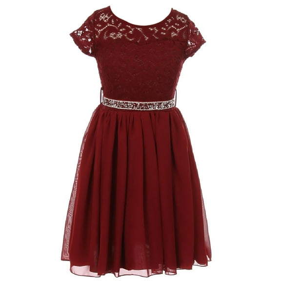 Little Girls Lovely Floral Lace Chiffon Sparkling Rhinestone Flowers Girls Dresses Burgundy 2 (J20KS53)