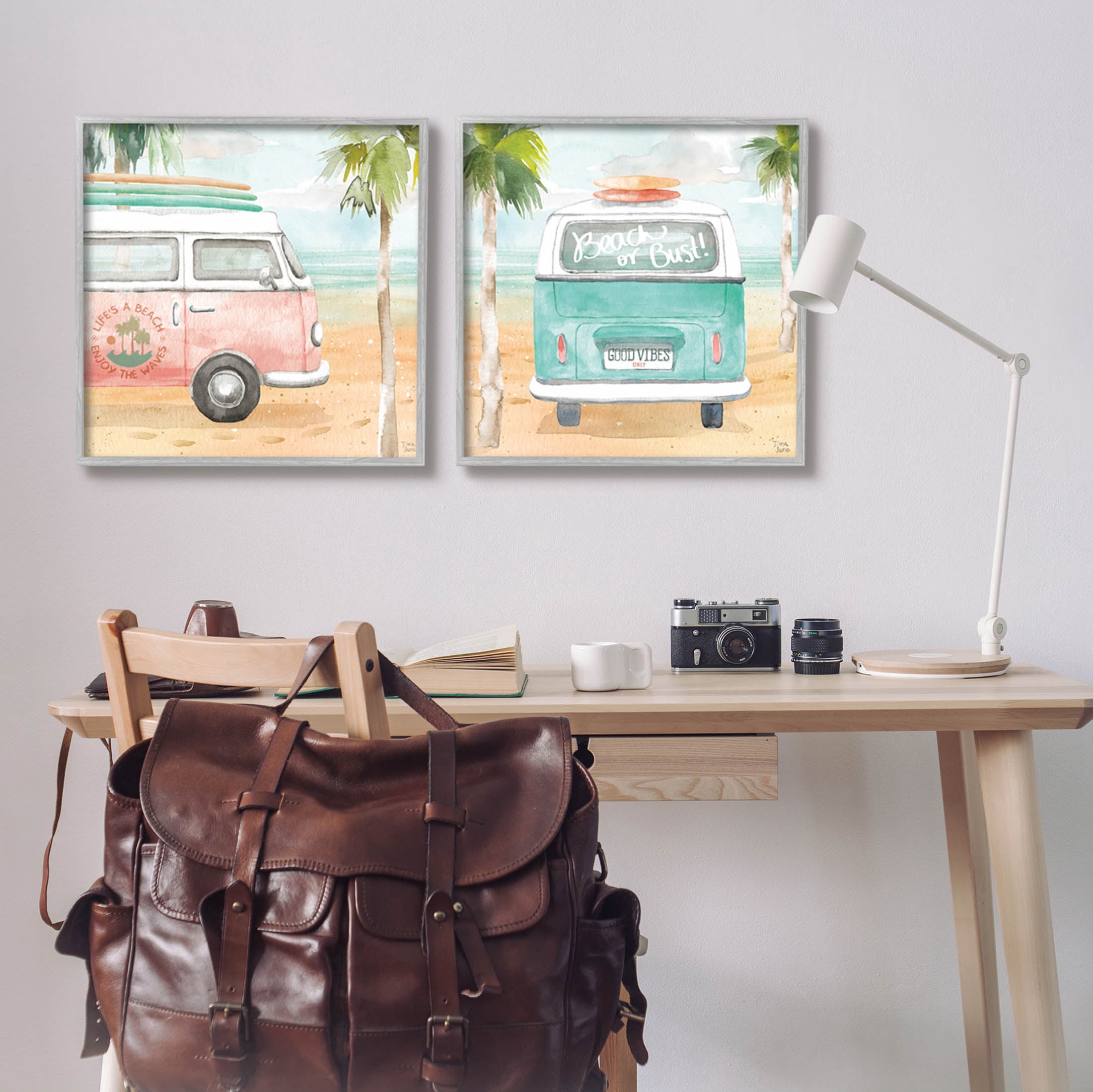 Stupell Industries Tropical Beach Vacation Van Painting Gray Framed Art Print Wall Art, Set of 2, Design by Dina June