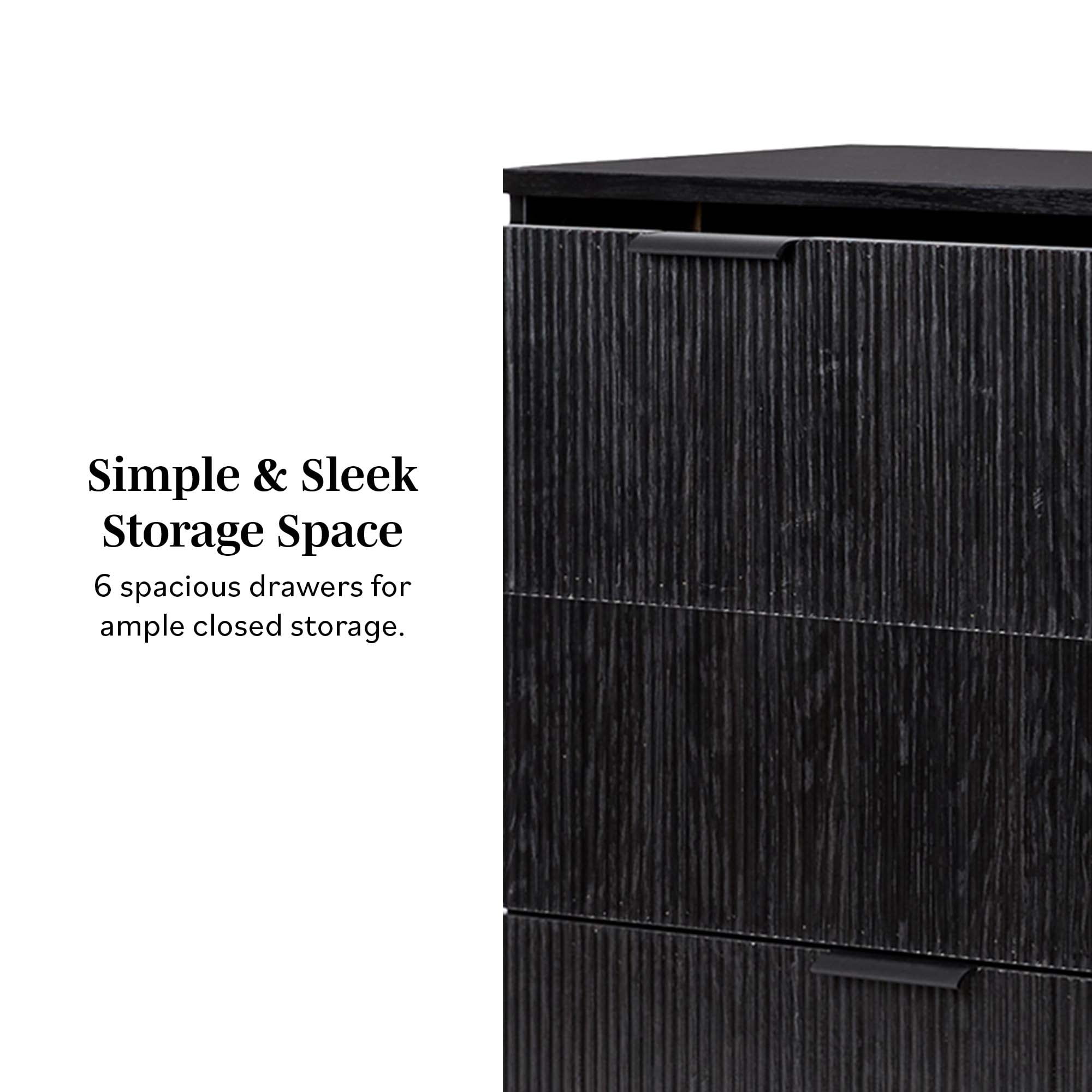 Walker Edison Mid-Century 6-Drawer Dresser with Reeded Drawer Fronts, Black