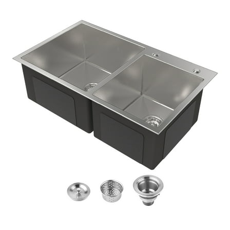 Cobbe Gray 32 inches Drop-in Workstation Kitchen Sink, Stainless Steel Modern Double Bowl Kitchen Sink