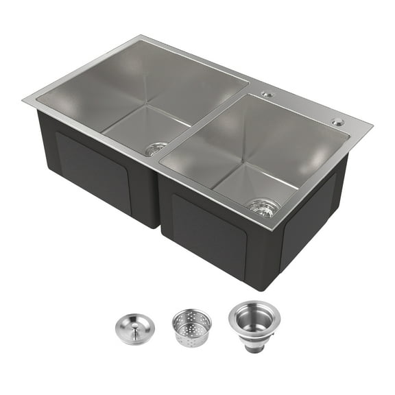 Cobbe Gray 32 inches Drop-in Workstation Kitchen Sink, Stainless Steel Modern Double Bowl Kitchen Sink
