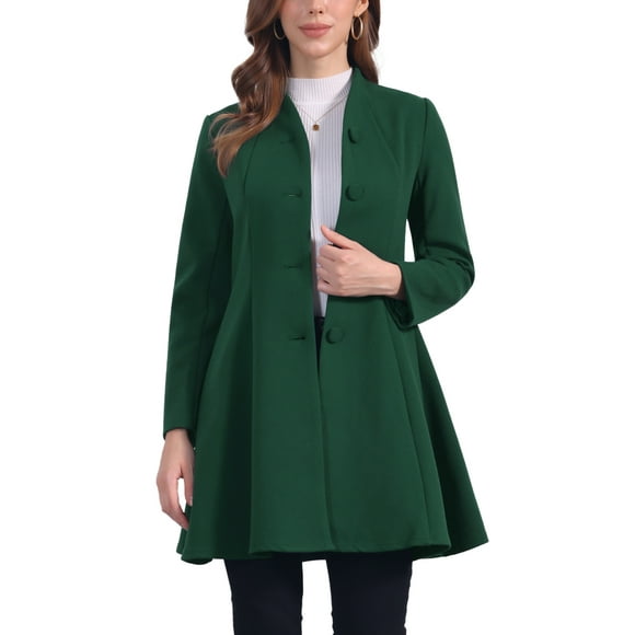 INSPIRE CHIC Women's Winter Coat A-Line Long Sleeve Single Breasted Peplum Hem Long Coat L Dark Green