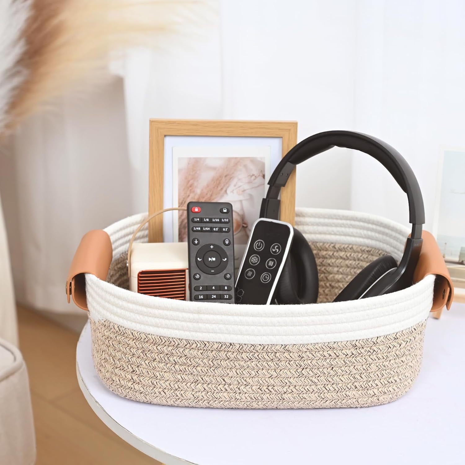 Natubeau Set of 6 Storage Basket for Organizing, Including 4 with Leather Handles & 2 Small Gifts Baskets, Rectangle Bins for Shelves, Brown & White