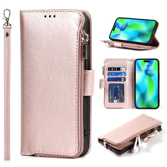 SaniMore iPhone 14 Pro Max 6.7" 2022 Case with Wrist Strap 2 in 1 Zipper Wallet [Card Slots] Premium PU Leather Skin [Retro Durable] Shockproof Anti-scratch Kickstand Business Cover, Rosegold