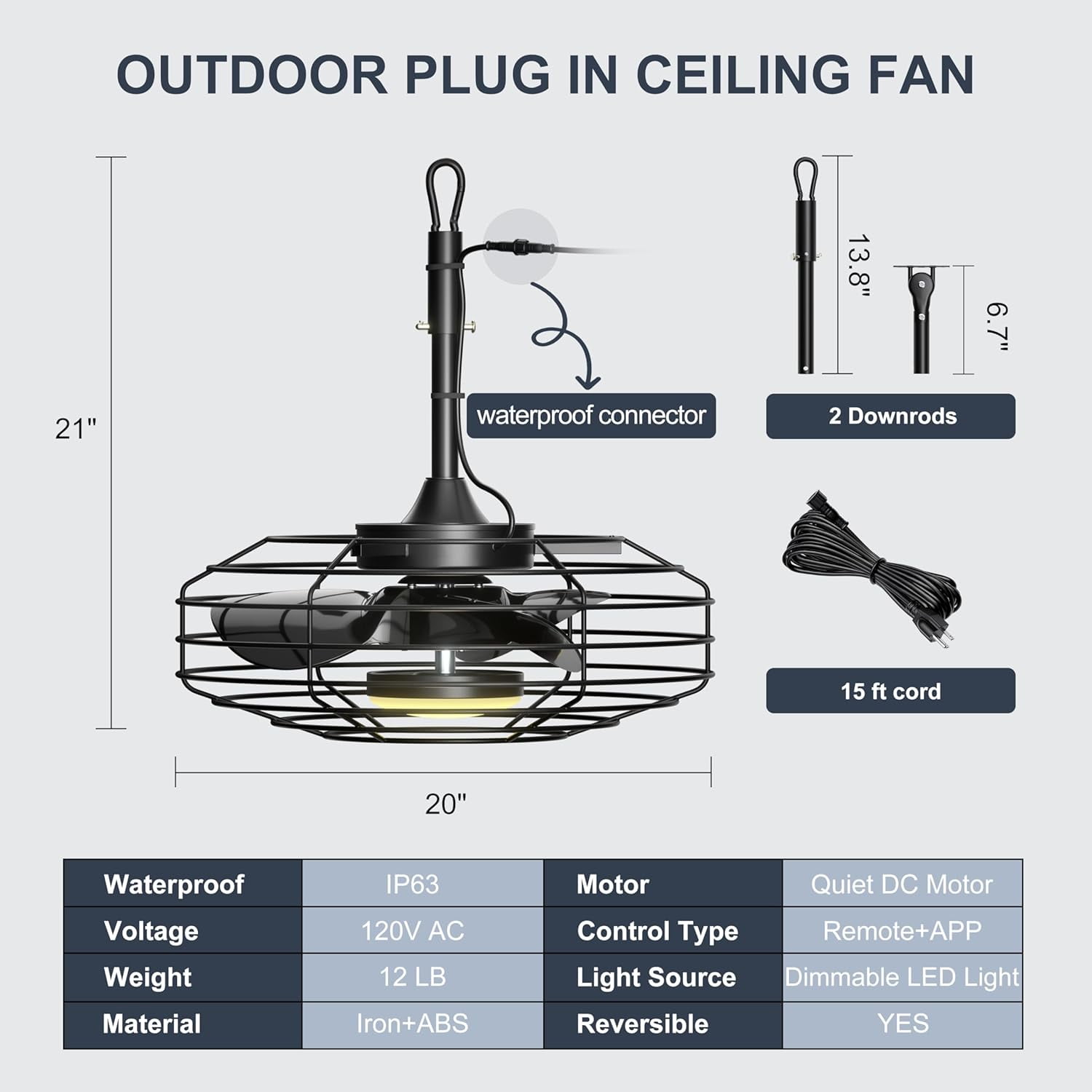 Ohniyou Outdoor Ceiling Fans with Light for Patios, 20" Farmhouse Waterproof Plug in Gazebo Fan Remote&APP Control, Caged Ceiling Fan for Porch Pergola Canopy, Black