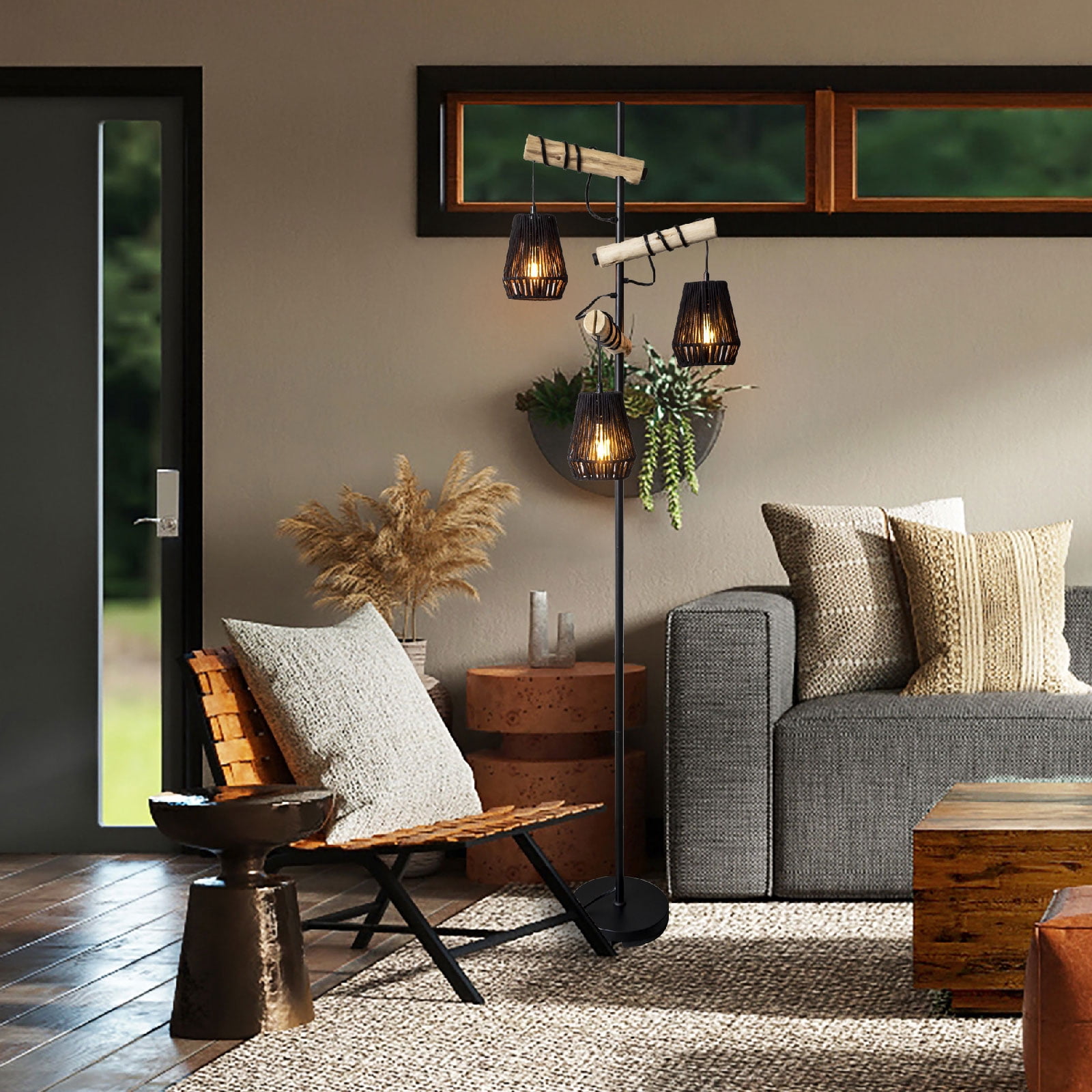 Floor Lamp 3 light,Handmade Boho  Shades Boho Wooden Standing Lamps  Farmhouse floor lamps for living room