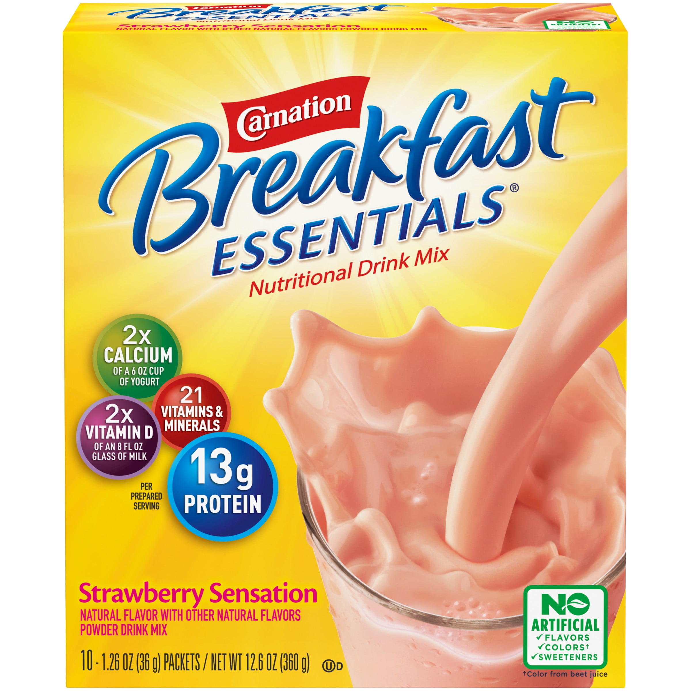 Carnation Breakfast Essentials Nutritional Powder Drink Mix, Strawberry Sensation, 10 - 36 g Packets
