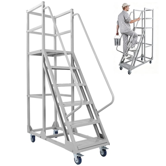 Limorve Rolling Platform Ladder, 6‑Step Cold‑Rolled Steel Industrial Ladder With Lockable Rubber Casters, 270° Guardrail Non‑Slip Heavy‑Duty Ladder 19.69×43.31×74.8 Inch