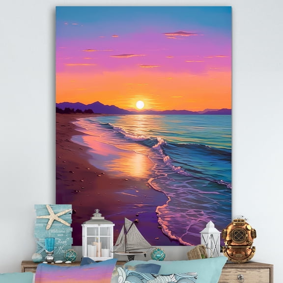 Designart "Harmony at Sunset Coastal Serenity I" Beach Canvas Wall Art - Coastal Pink Coastal Beach Sand Hallway Wall Art Decor
