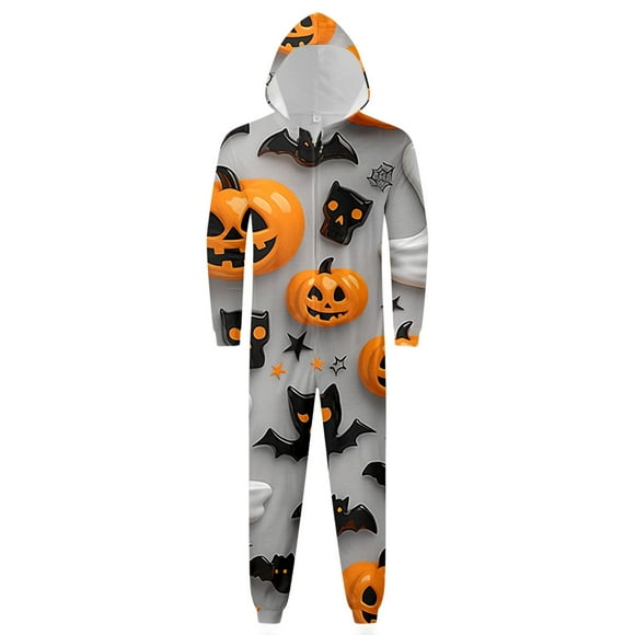 GPOECD Family Matching Halloween Hooded Pajama Set Cozy Printed Sleepwear for Parents Kids Grey,M