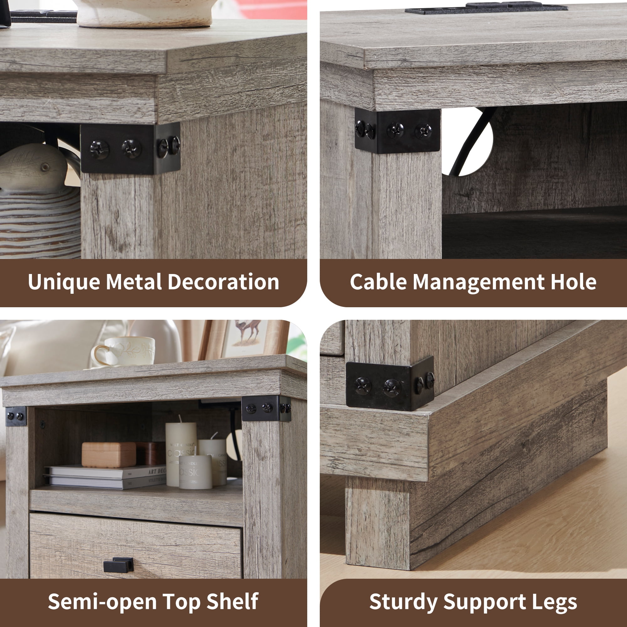 KeyWhat Farmhouse 18" Nightstand with Charging Station, Rustic Metal Wood End Table with Open Storage Shelf, Light Rustic Oak