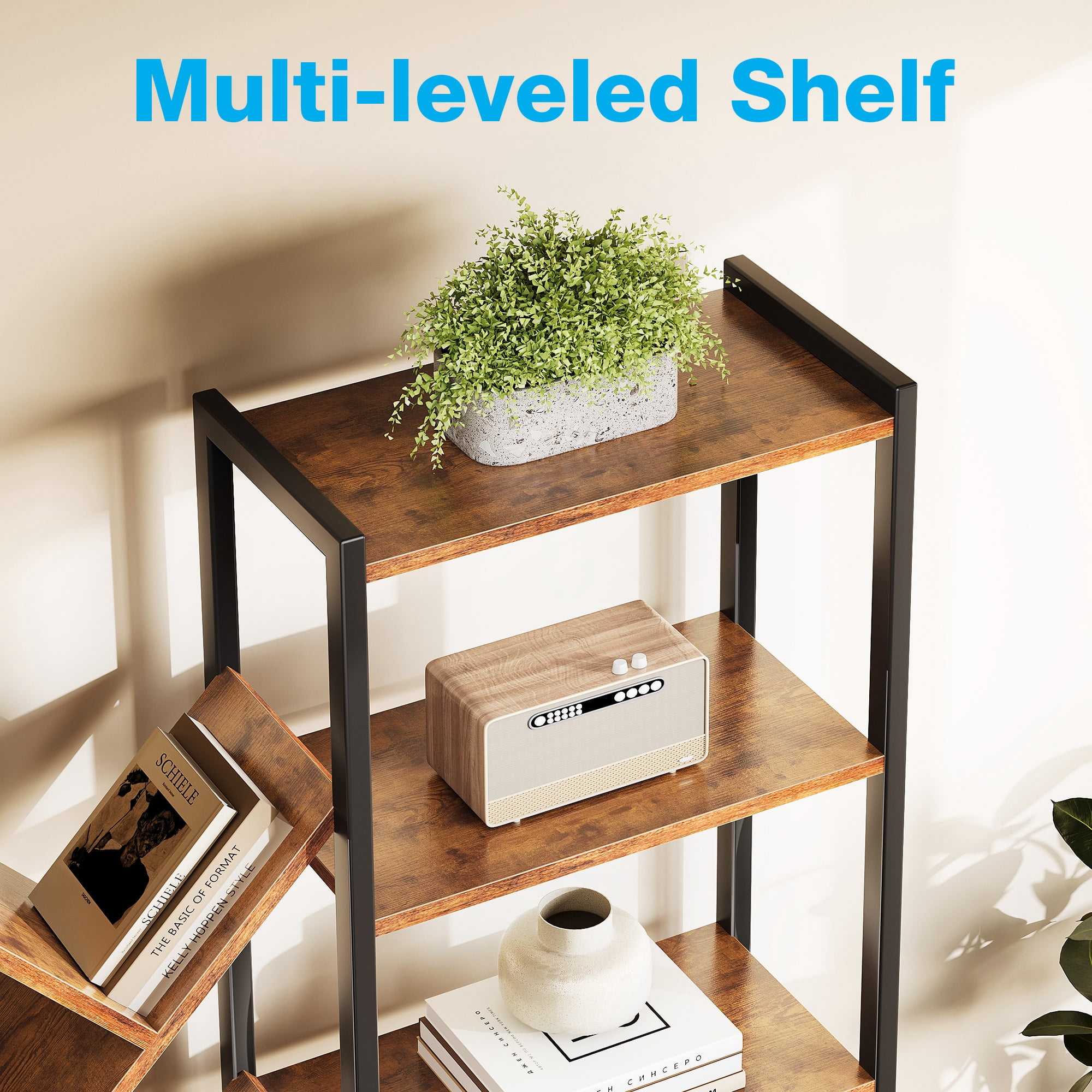 Triple 5-Tier Bookshelf with LED Lights for Living Room, 17 Open Shelves Large Bookcase with App Control RGB Light Strip, Modern Tree Design Storage Shelf with Metal Frame, Vintage