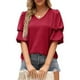 thumbnail image 3 of Blusa de manga corta con volantes para mujer, cuello en V, manga abombada, blusa lisa, Tops holgados para citas en el trabajo, rojo vino L, 3 of 6