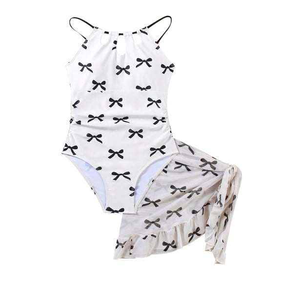 YunPes Girls Swimsiut One Piece Bathing Suit with Mesh Cover Up Skirt Adjustable Straps Cut Out Swimwear Cute Bow Graphic Beachwear
