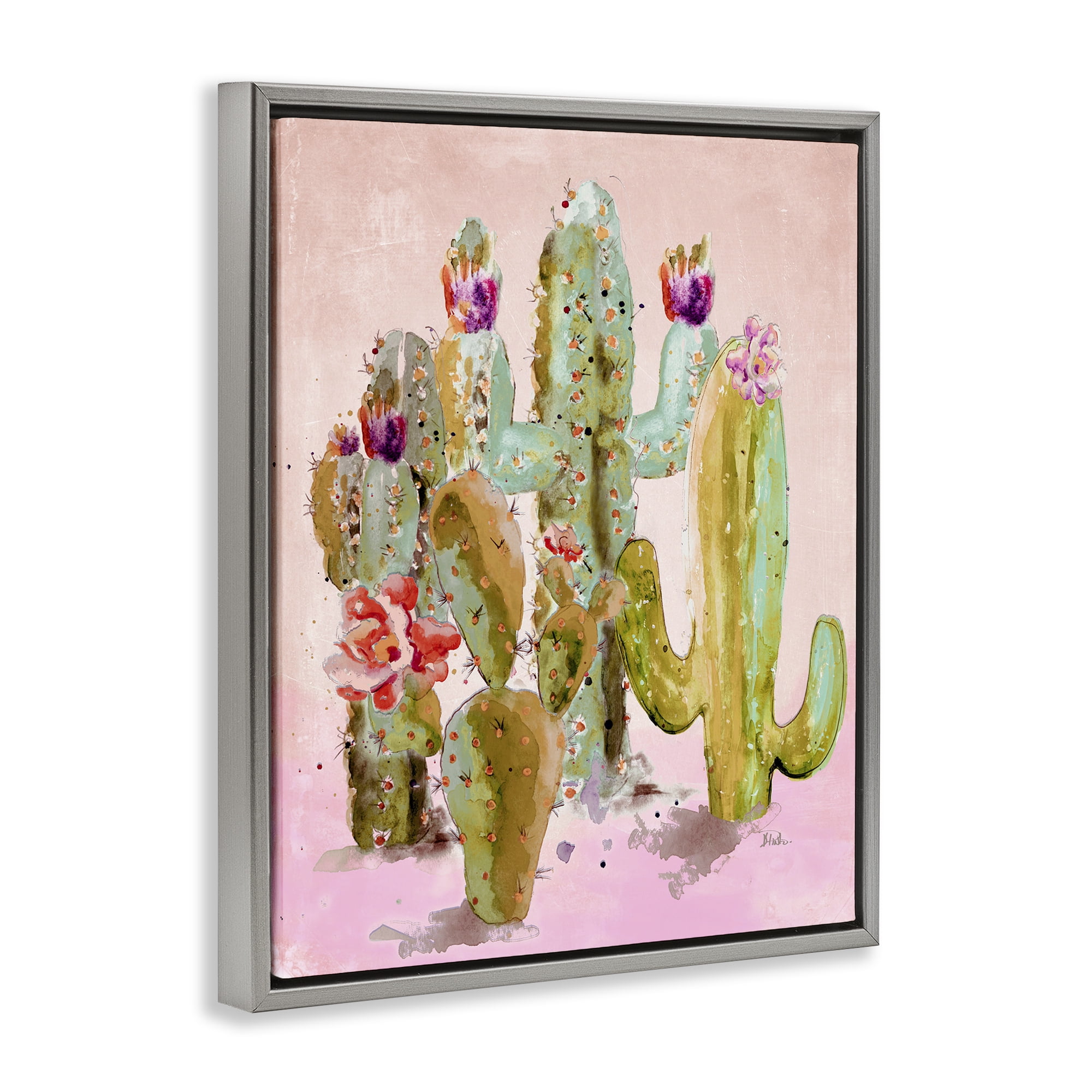 Stupell Industries Fun Floral Cacti Botanical & Floral Painting Gray Floater Framed Canvas Art Print Wall Art, 17 x 21